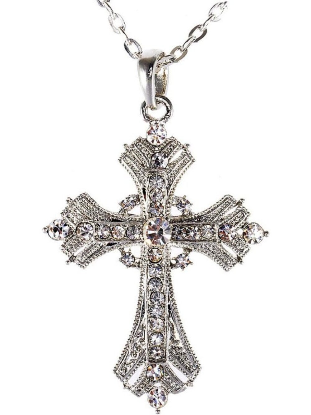 Elegant Religious Cross Pendant Necklace with Aquamarine & Clear Crystal
